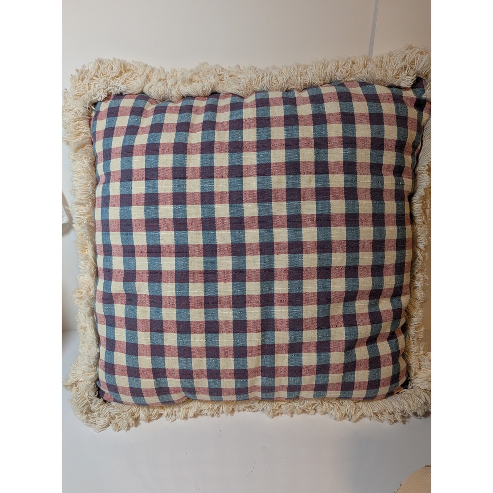 Vintage Gingham Plaid Throw Pillow Red Blue Cream Shaggy Fringe Trim 15x15